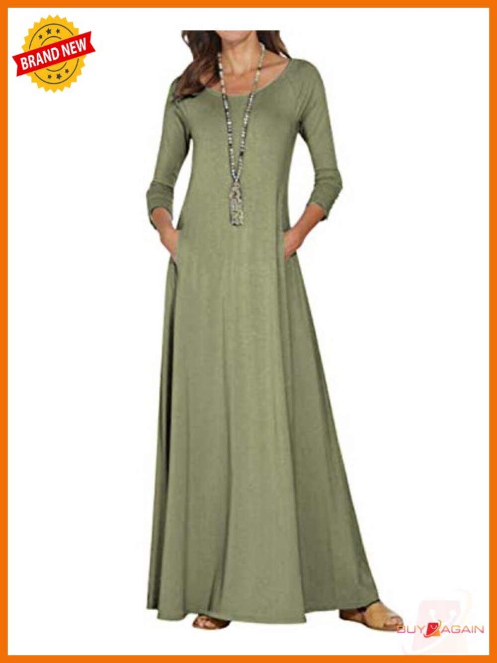 Women's Polyester Cotton 3/4 Sleeve Maxi Dress with Pockets Casual Loungewear